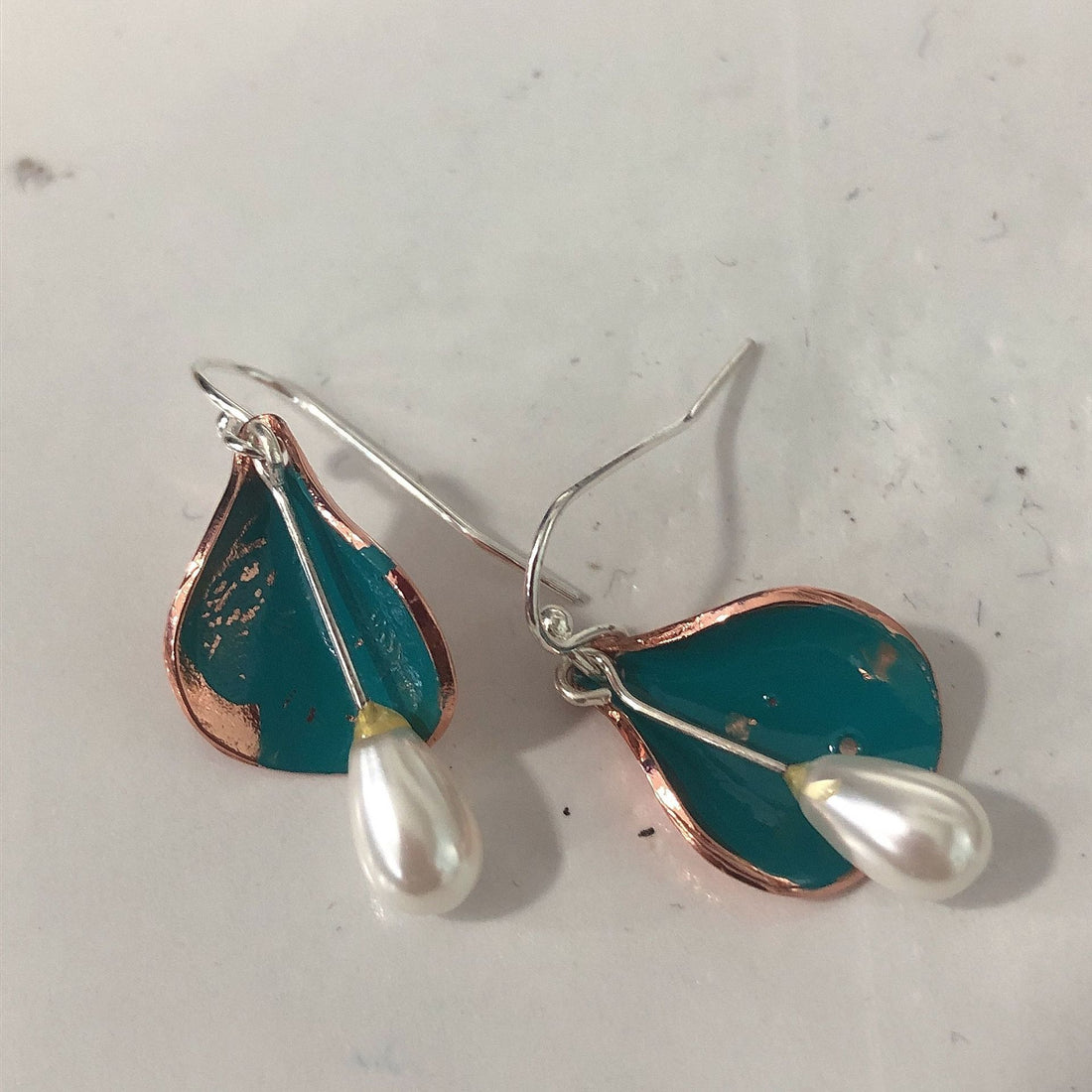 Teal Enamel Petal Pearl-Look Drop Earrings