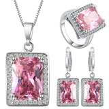 Pink Emerald-Cut CZ Halo Jewelry Set