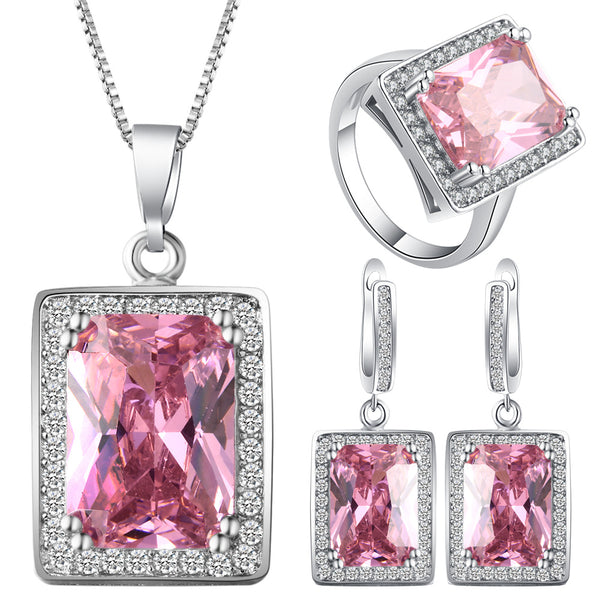 Pink Emerald-Cut CZ Halo Jewelry Set