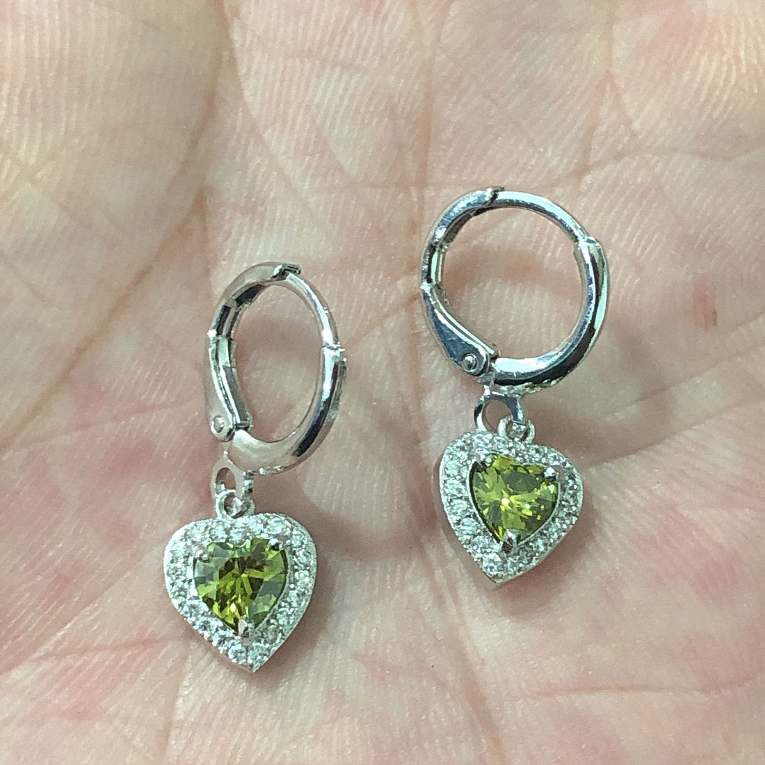 Olive-Green Heart CZ Halo Huggie Drop Earrings