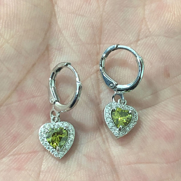 Olive-Green Heart CZ Halo Huggie Drop Earrings