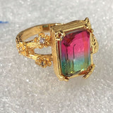 Watermelon Pink-Green Emerald-Cut CZ Branch Ring