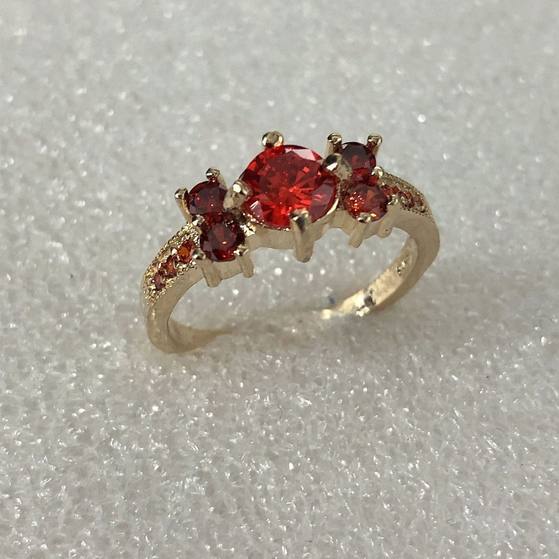 Ruby-Red CZ Three-Stone Cluster Gold Ring