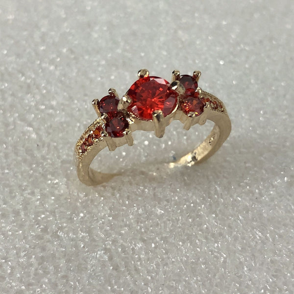 Ruby-Red CZ Three-Stone Cluster Gold Ring