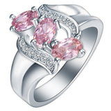 Pink Oval CZ Three-Stone Diagonal Ring