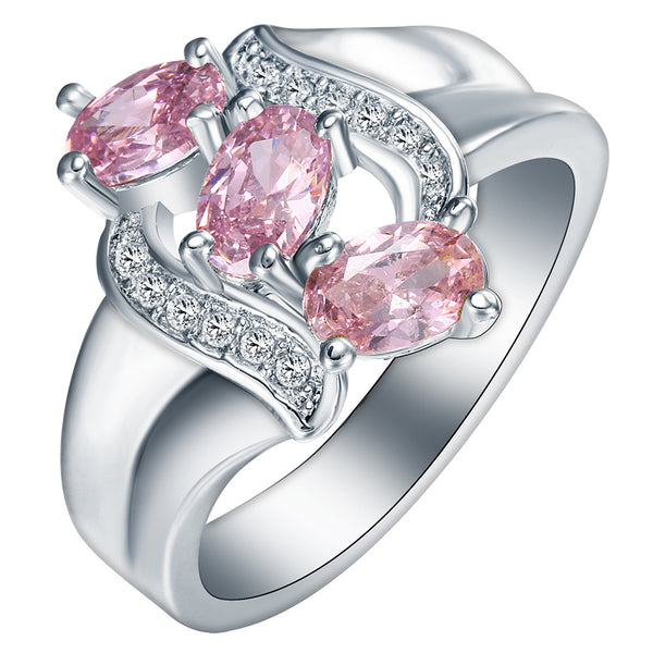 Pink Oval CZ Three-Stone Diagonal Ring