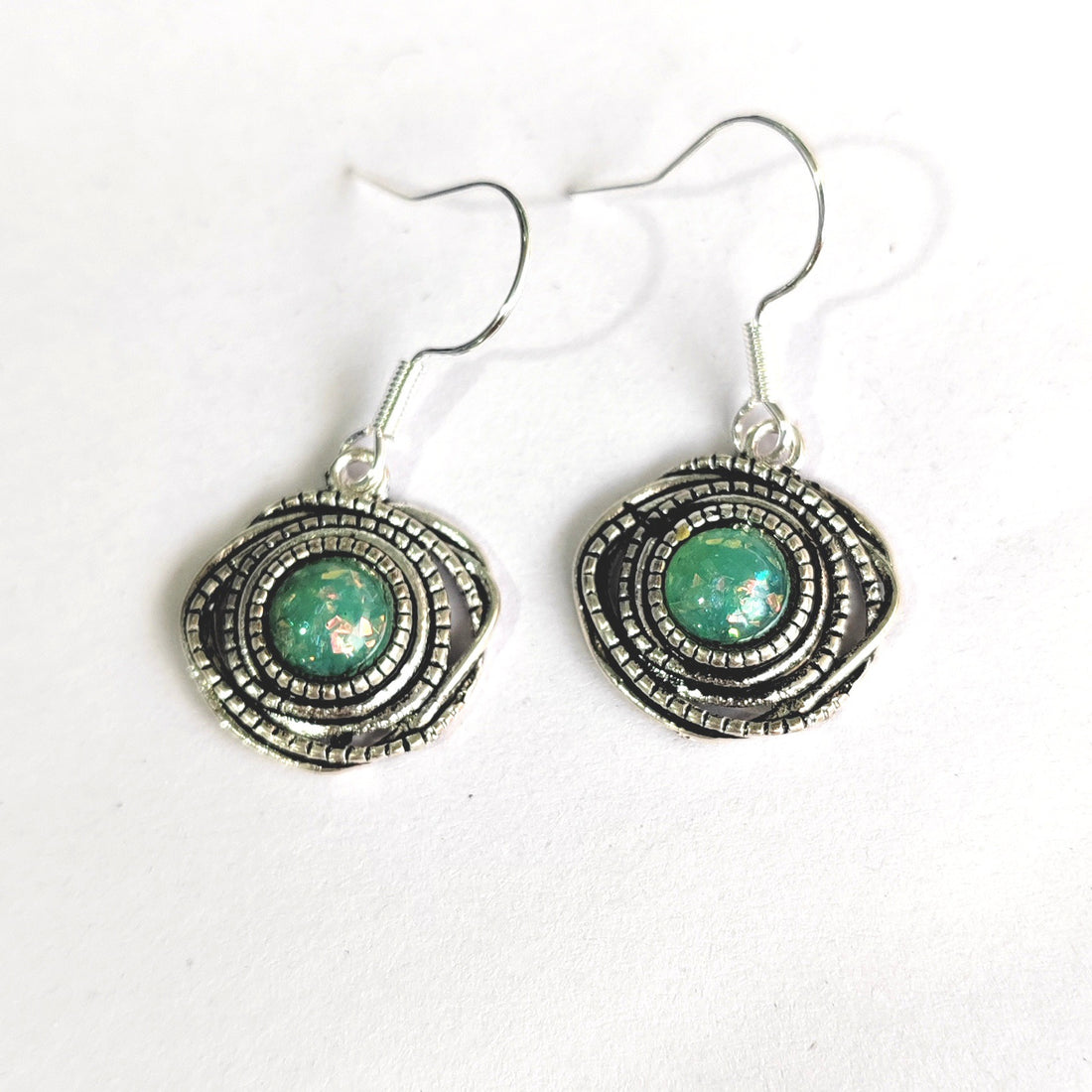 Green Turquoise-Look Swirl Disc Hook Earrings
