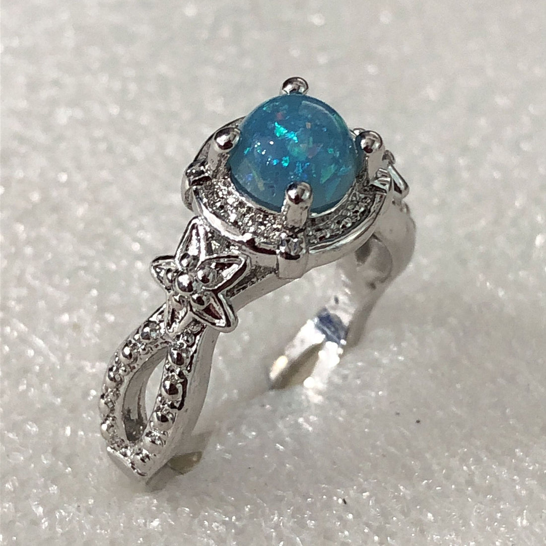 Blue Opal-Look Round Bow Shoulder Ring