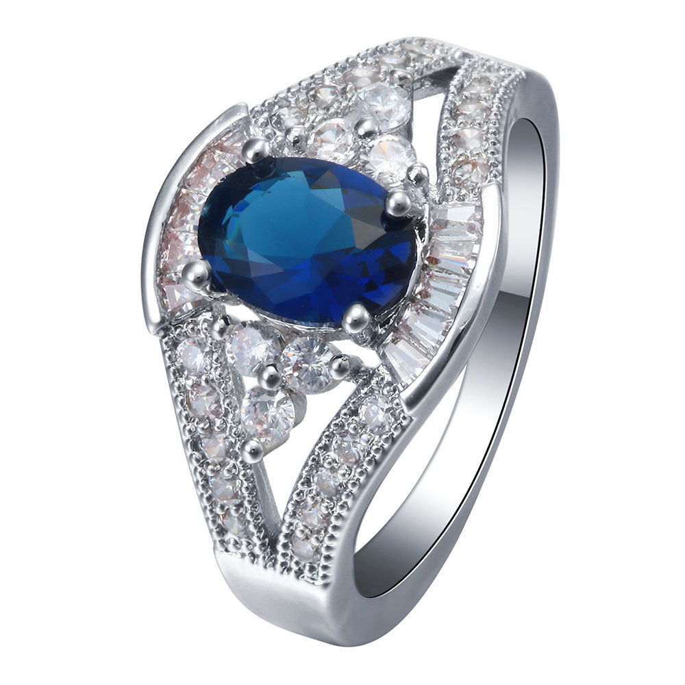 Sapphire-Blue Oval CZ Split-Shank Ring