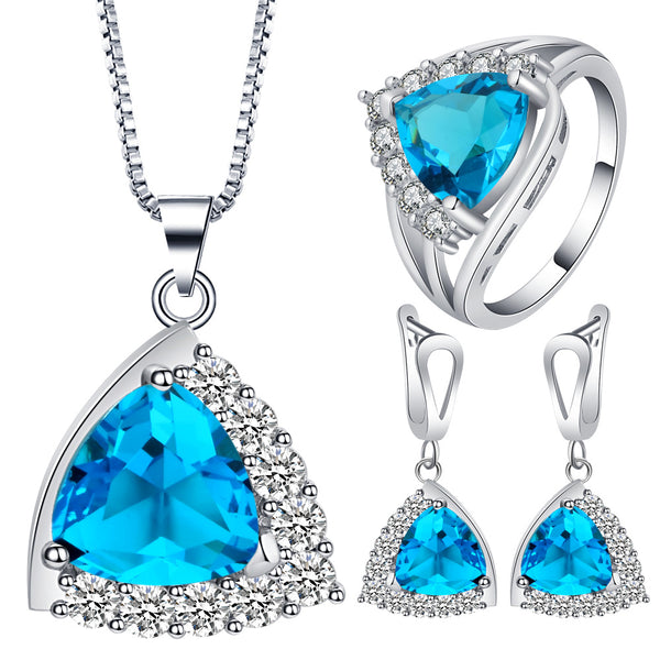 Aqua Trillion CZ Halo Jewelry Set