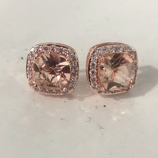 Champagne Cushion CZ Halo Stud Earrings