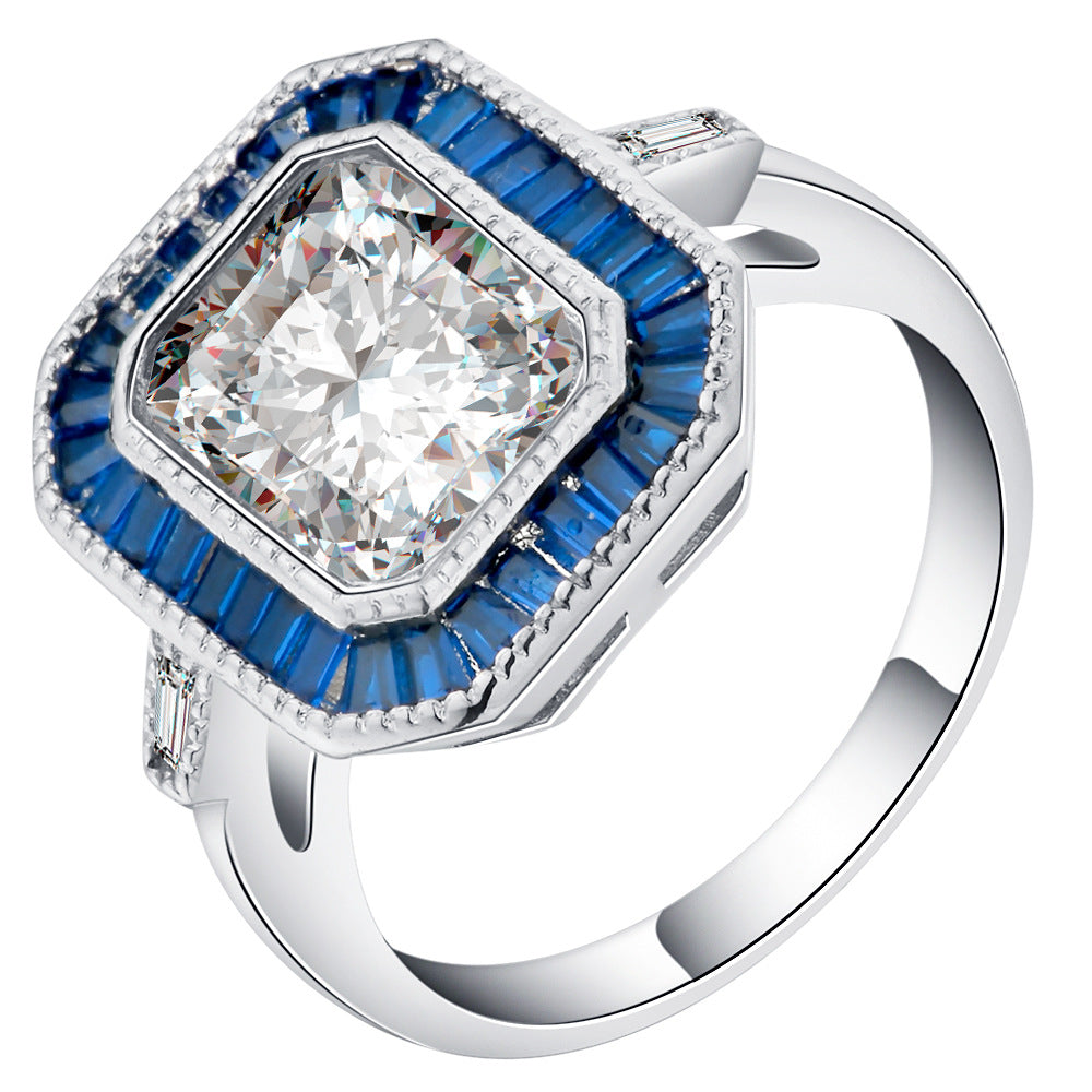 Cushion CZ Blue Baguette Halo Ring