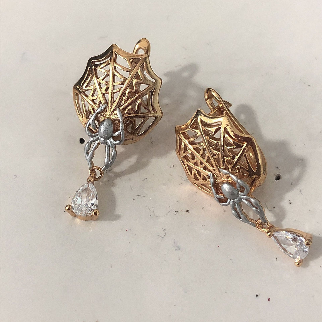 Gold Spiderweb Spider CZ Drop Earrings