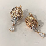Gold Spiderweb Spider CZ Drop Earrings