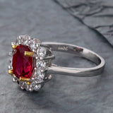 Ruby-Red Oval CZ Cushion Halo Ring