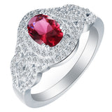 Ruby-Red Oval CZ Halo Woven Ring