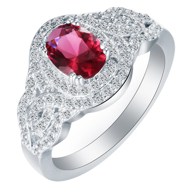 Ruby-Red Oval CZ Halo Woven Ring