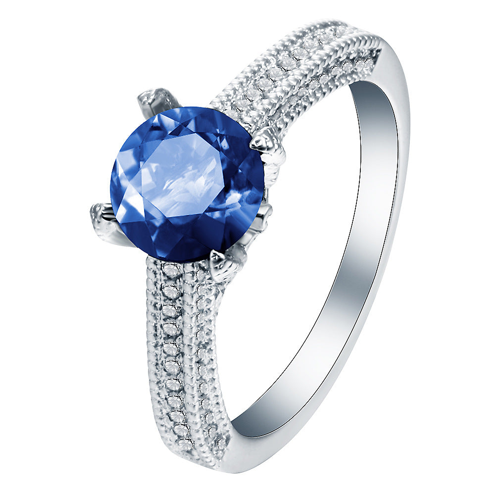 Sapphire-Blue Round CZ Pavé Solitaire Ring