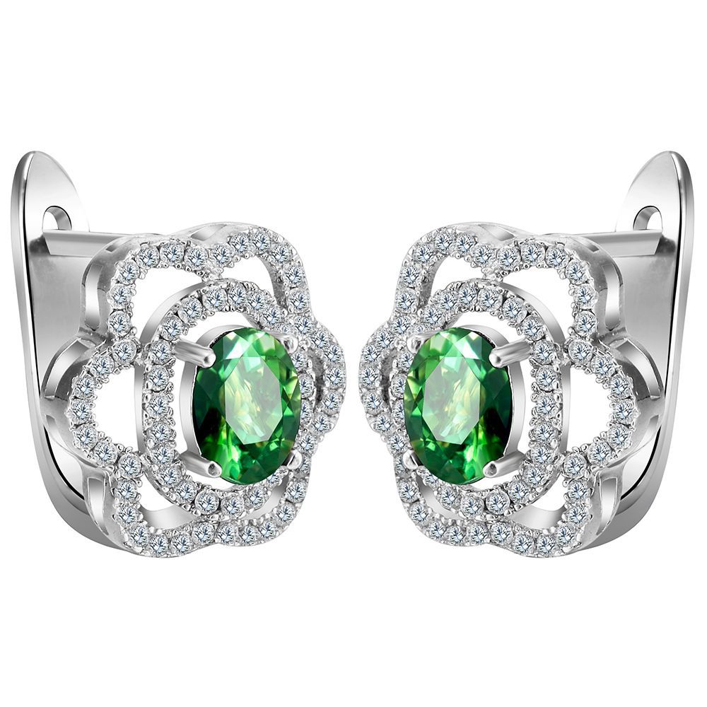 Green Oval CZ Rose Swirl Leverback Earrings