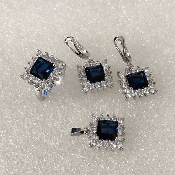 Sapphire-Blue Square CZ Halo Jewelry Set