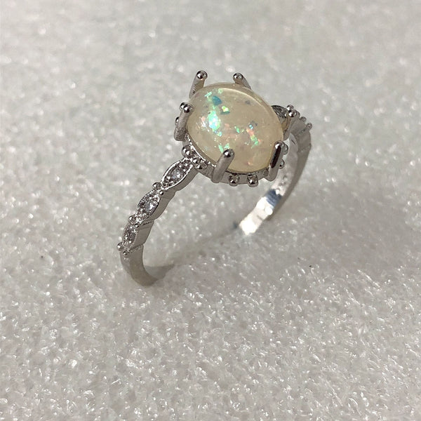 Opal-Look Round Solitaire Pavé Shank Ring