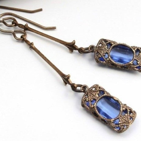 Antique Bronze Blue Cabochon Filigree Drop Earrings