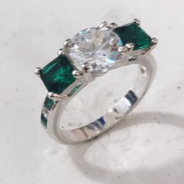 Round CZ Emerald-Green Baguette Side Ring