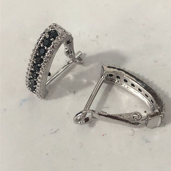 Black CZ Channel V-Hoop Leverback Earrings