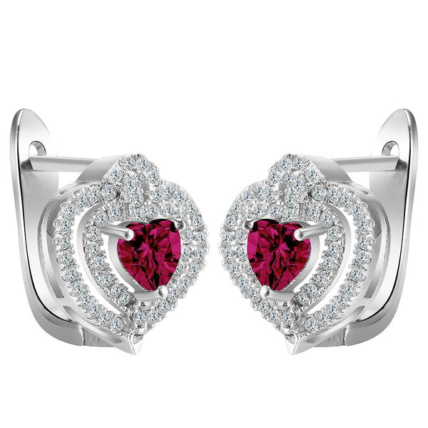 Ruby-Red Heart CZ Double-Halo Leverback Earrings