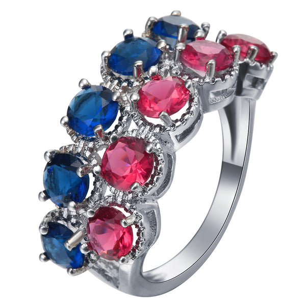 Blue and Pink Round CZ Double-Row Ring