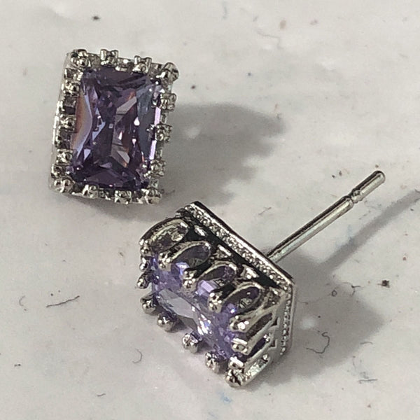 Purple Emerald-Cut CZ Crown-Set Stud Earrings