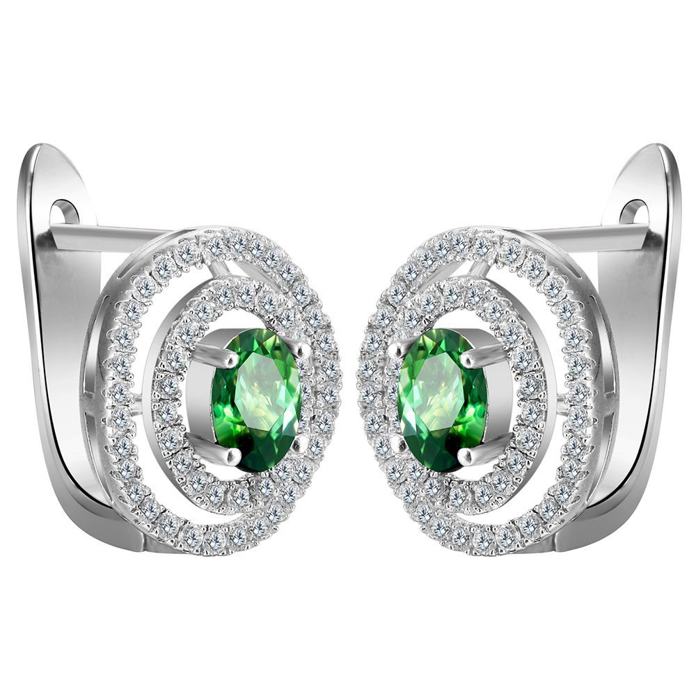 Green Oval CZ Double-Halo Leverback Earrings