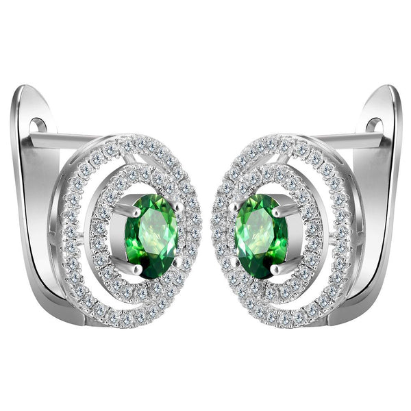 Green Oval CZ Double-Halo Leverback Earrings
