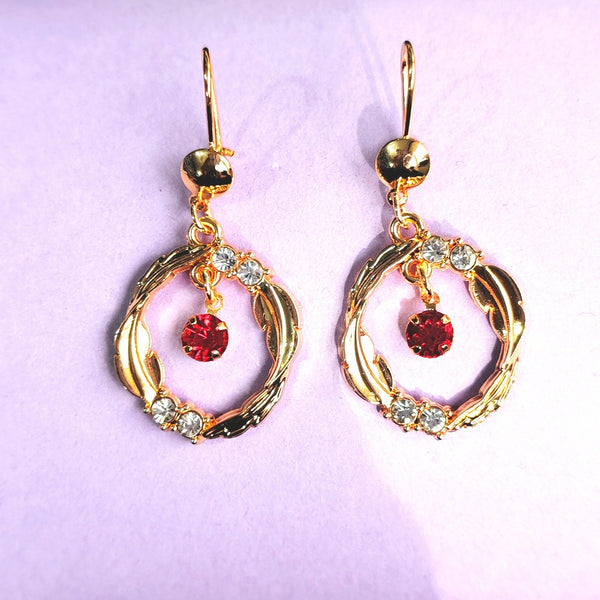 Red CZ Wreath Circle Drop Earrings