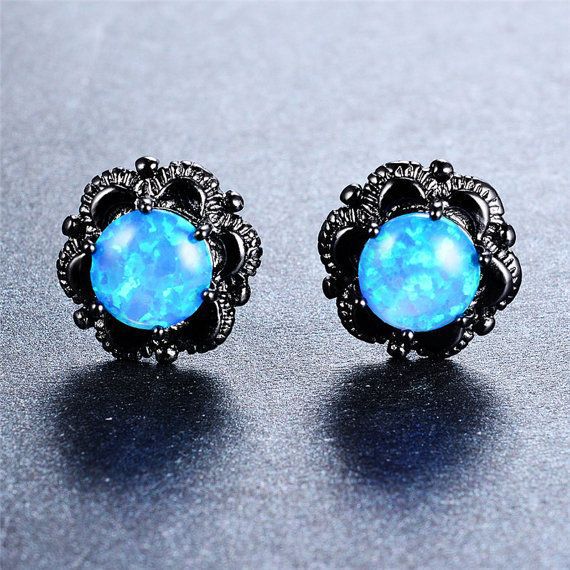 Blue Opal-Look Black Flower Stud Earrings