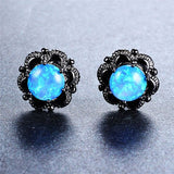 Blue Opal-Look Black Flower Stud Earrings