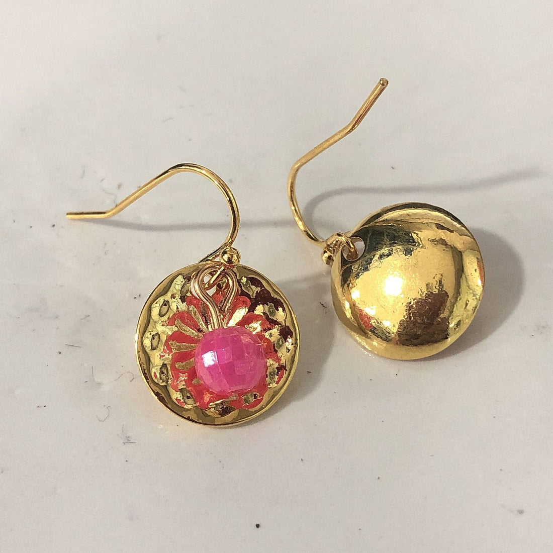 Pink Stone Gold Filigree Disc Drop Earrings