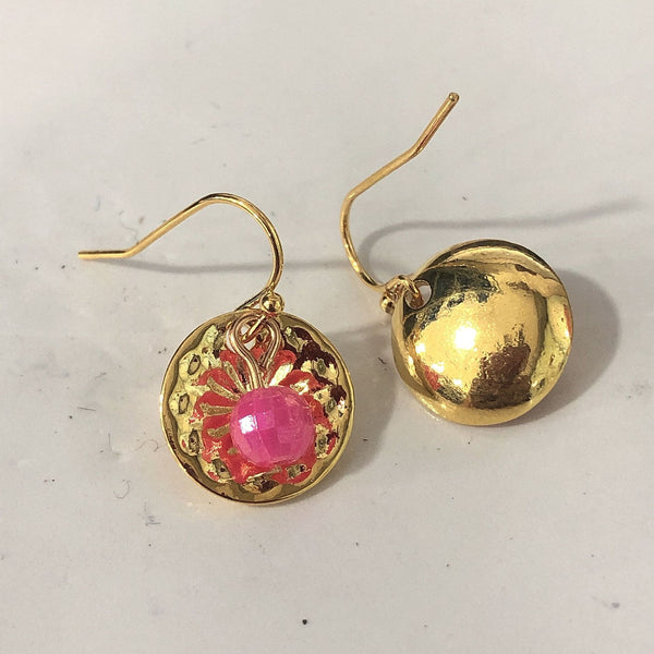 Pink Stone Gold Filigree Disc Drop Earrings