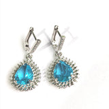 Aqua Pear CZ Halo Pave Drop Earrings