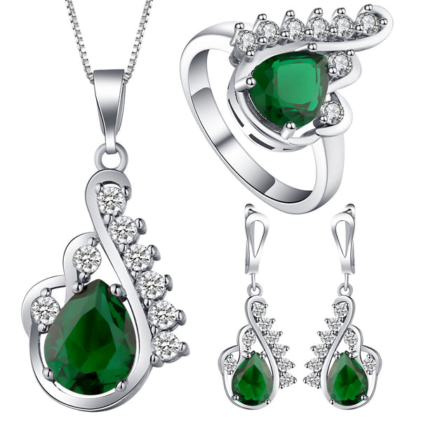 Emerald-Green Pear CZ Feather Swirl Jewelry Set