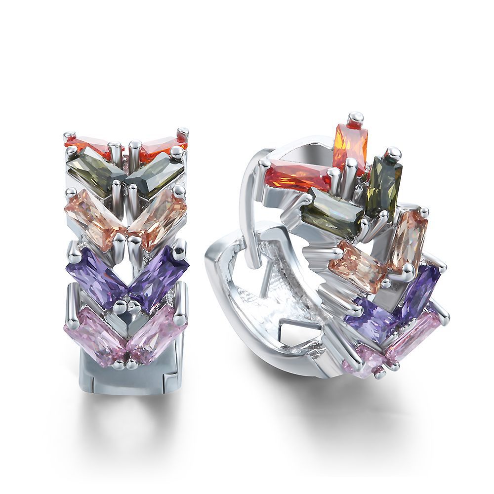 Multicolor Baguette CZ Chevron Huggie Earrings
