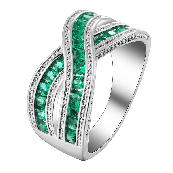 Emerald-Green Channel CZ Crossover Ring