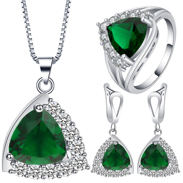 Emerald-Green Trillion CZ Halo Jewelry Set