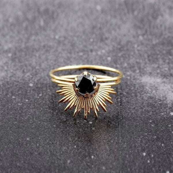 Black CZ Sunburst Dainty Ring