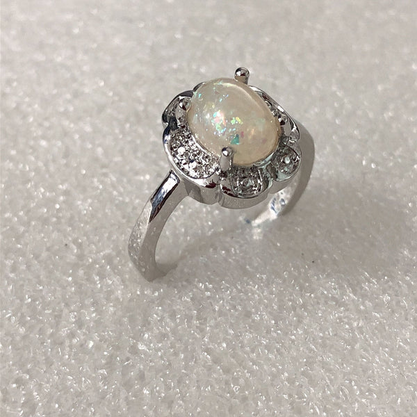 Opal-Look Oval Scalloped CZ Halo Ring