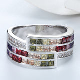 Rainbow Princess CZ Triple-Row Band Ring
