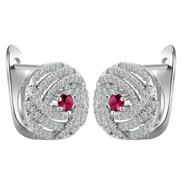 Ruby-Red CZ Spiral Pavé Disc Leverback Earrings