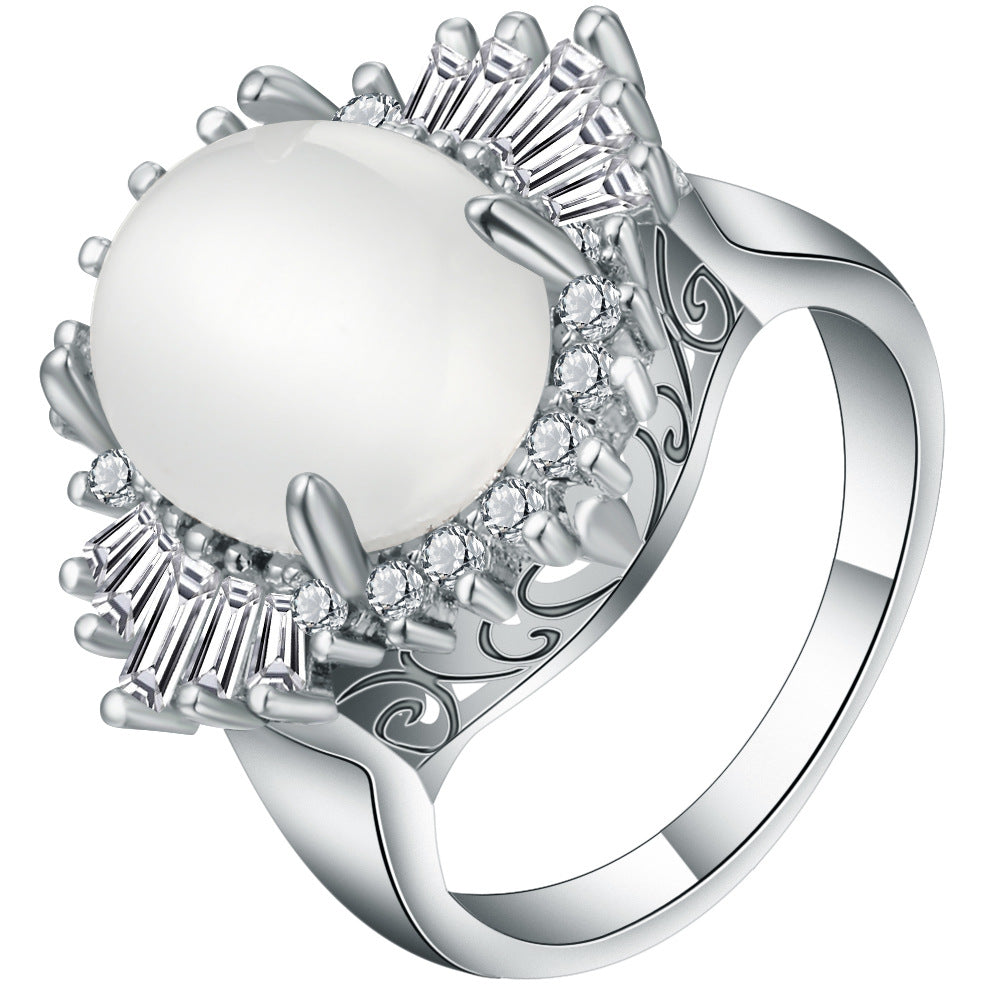 White Moonstone-Look Oval Baguette Halo Ring