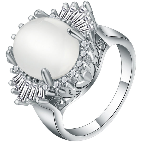 White Moonstone-Look Oval Baguette Halo Ring