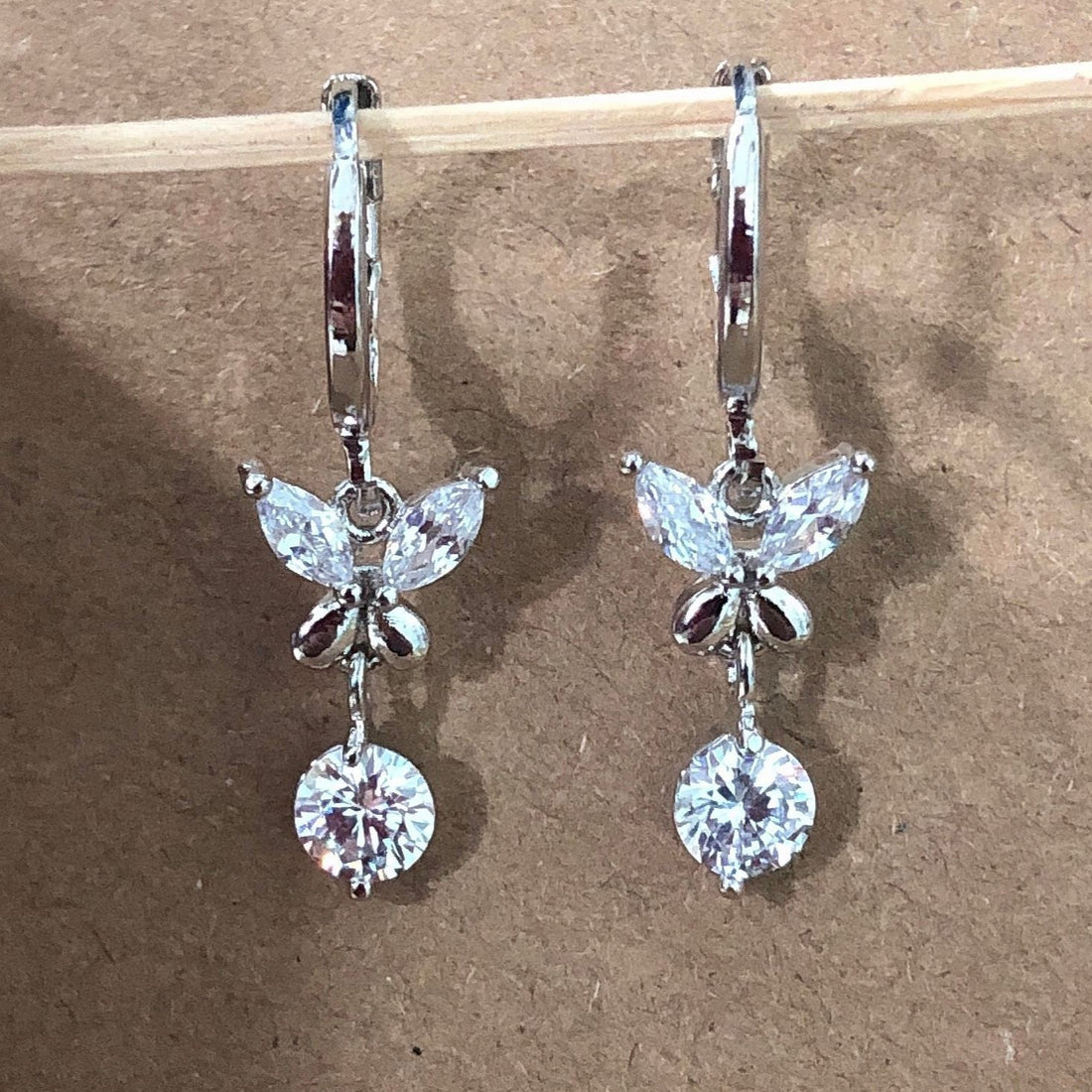 Clear CZ Butterfly Huggie Drop Earrings